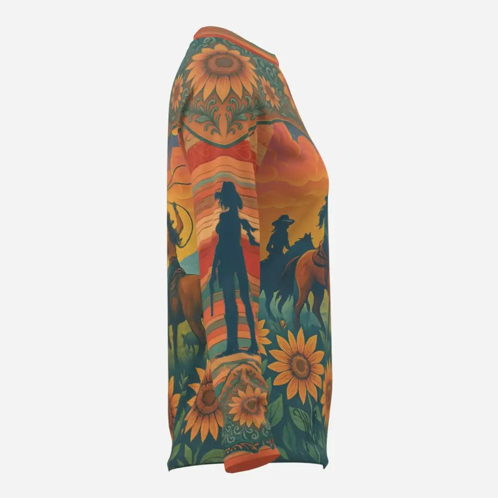 Western-themed women’s UPF+ cooling sun protection shirt with sunflowers, cowboys, and cowgirls