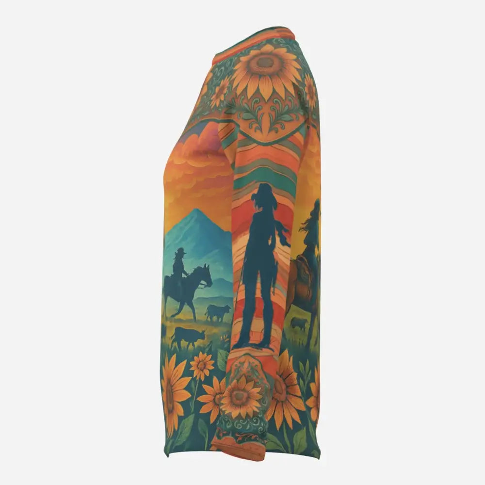 Long-sleeved Western-themed landscape print shirt with sunflowers mountains cowboys cattle