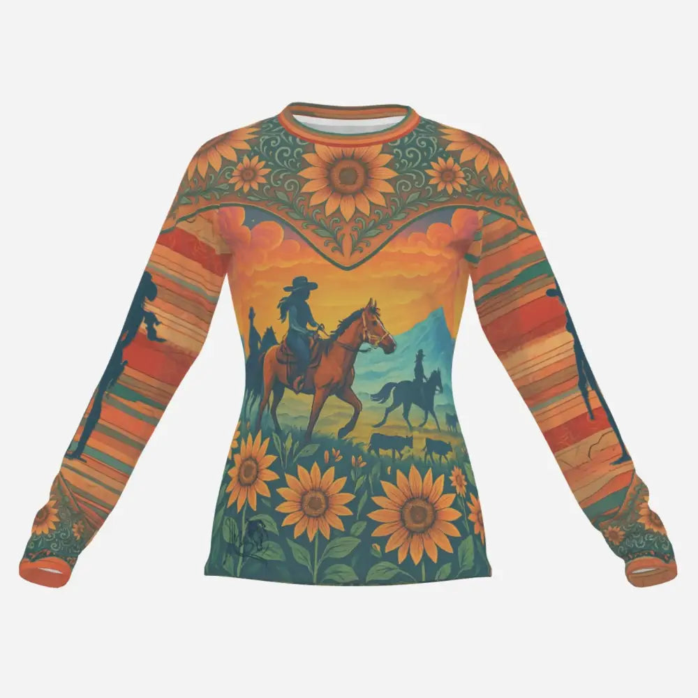Long-sleeved Western-themed sunflower and cowgirl print UPF+ cooling sun protection shirt