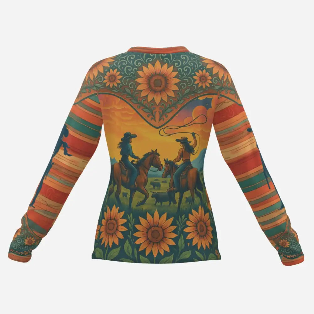 Western-themed long-sleeved women’s UPF cooling sun protection shirt with cowgirls and sunflowers