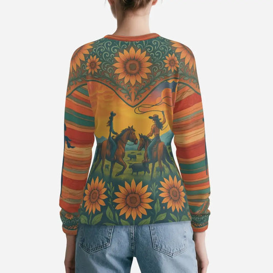 Women’s long-sleeve Western-themed print UPF+ cooling sun protection shirt with sunflowers and cowboys