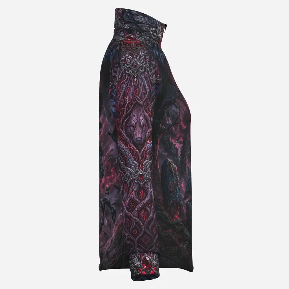 Dark long-sleeved all-over print women’s upf50+ shirt with fantasy wolf design and glowing red accents soft quick dry