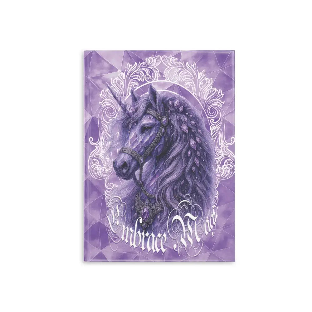 Purple unicorn art print on the Arcane Aegis Embrace Magic Amethyst Armor Hardcover Journal