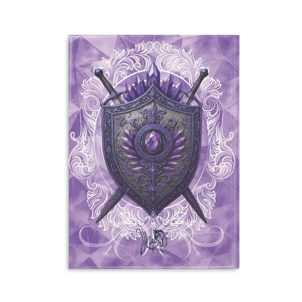 Purple shield with crossed swords on Arcane Aegis Amethyst Armor Hardcover Journal