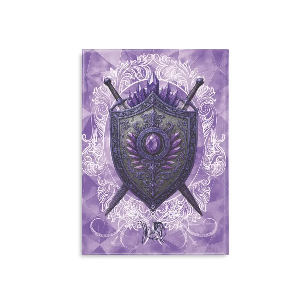 Purple shield with crossed swords on the Arcane Aegis Amethyst Armor Hardcover Journal