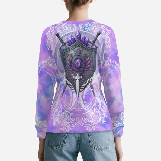 Long-sleeved purple shirt with shield design from Arcane Aegis Fantasy Pegasus Sun Shirt UPF50+