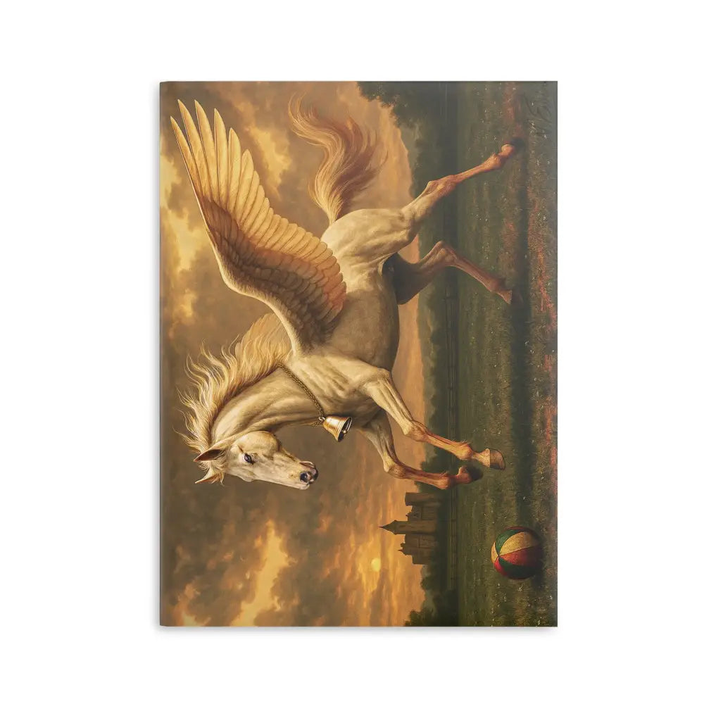 Pegasus with a bell on the cover of Cervantes The Youngling’s Dawn Hardcover Notebook