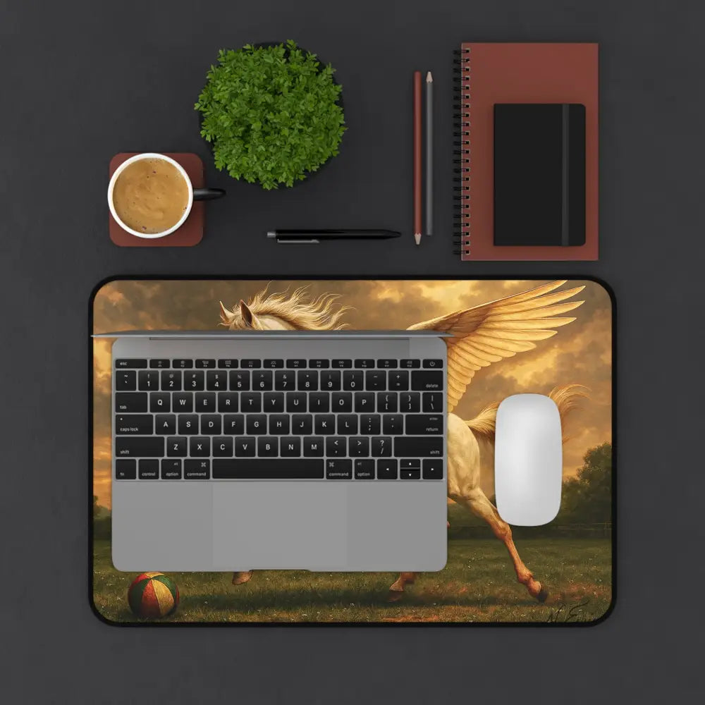 Pegasus-themed desk mat with Laptop and Mouse for Cervantes The Youngling’s Dawn office setup