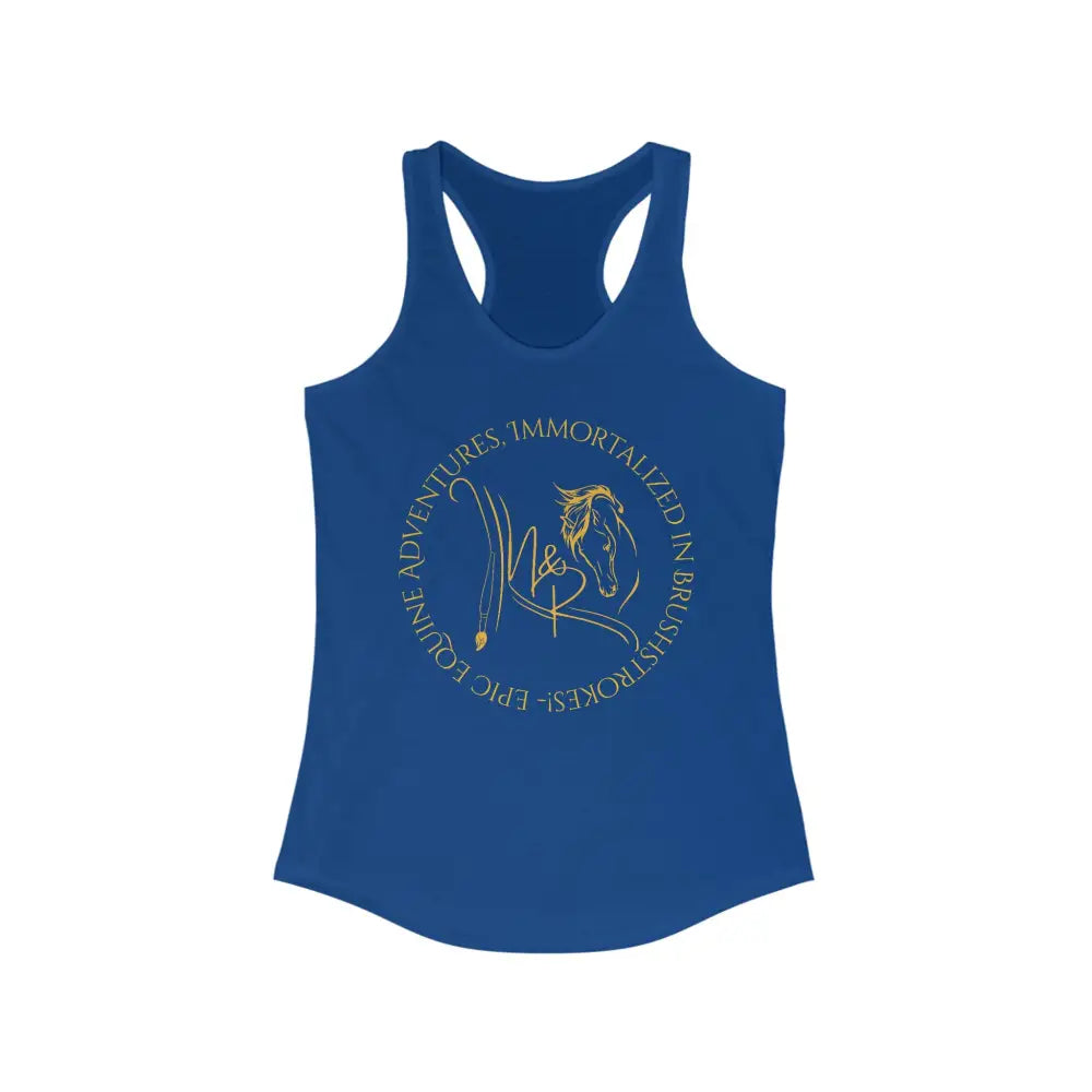 Blue racerback tank top with circle logo for Epic Equine Adventures women’s apparel