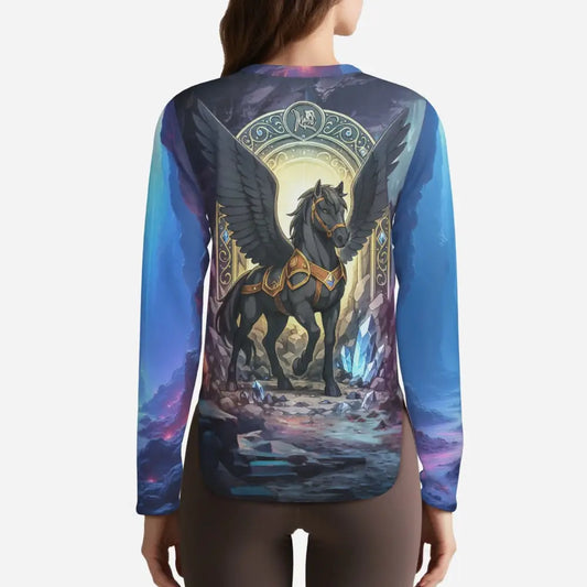 Long-sleeved Fantasy Pegasus Sun Shirt with Winged Horse Design and UPF50+ protection