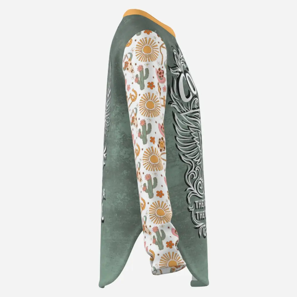 Green patterned long-sleeved Western Cowgirl Sun Shirt UPF50+ displayed in product image