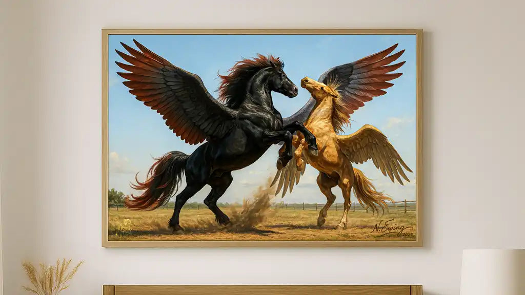 Framed artwork of two winged horses on a wall above a bed in a bedroom.