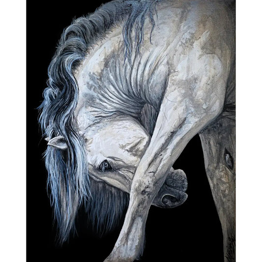 Limited edition giclée canvas print of a detailed oil painting of a white horse with dark mane in a luxury floating frame