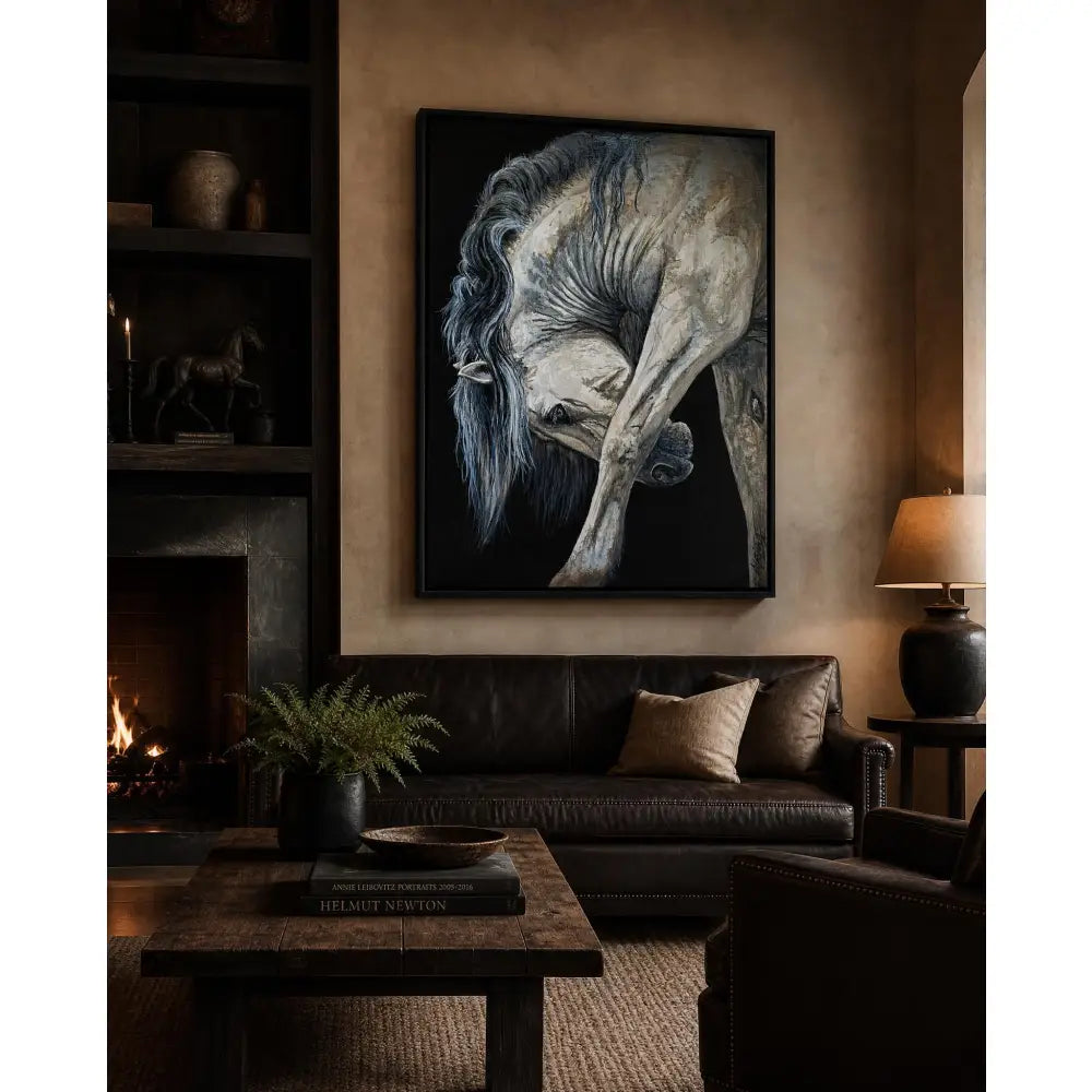 Limited edition luxury floating frame giclée canvas print of a white horse with flowing mane by Nadine Ewing