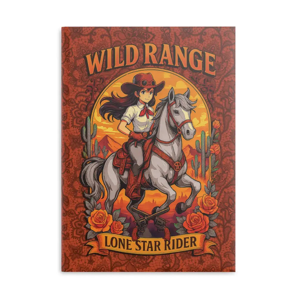 Wild West-themed Lone Star Rider Wild Range Cowgirl Hardcover Notebook on display