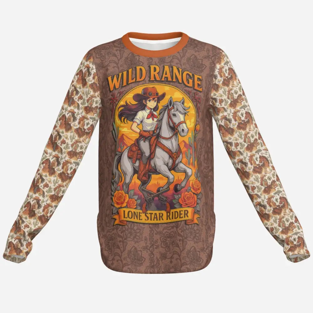 Brown sweatshirt featuring cowgirl and horse design from Lone Star Rider Fantasy Pegasus Sun Shirt UPF50+