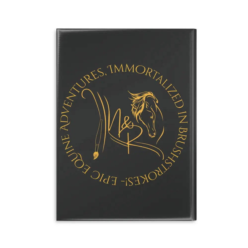 Black hardcover notebook with a golden winged horse equine logo for Equestrian Notebook