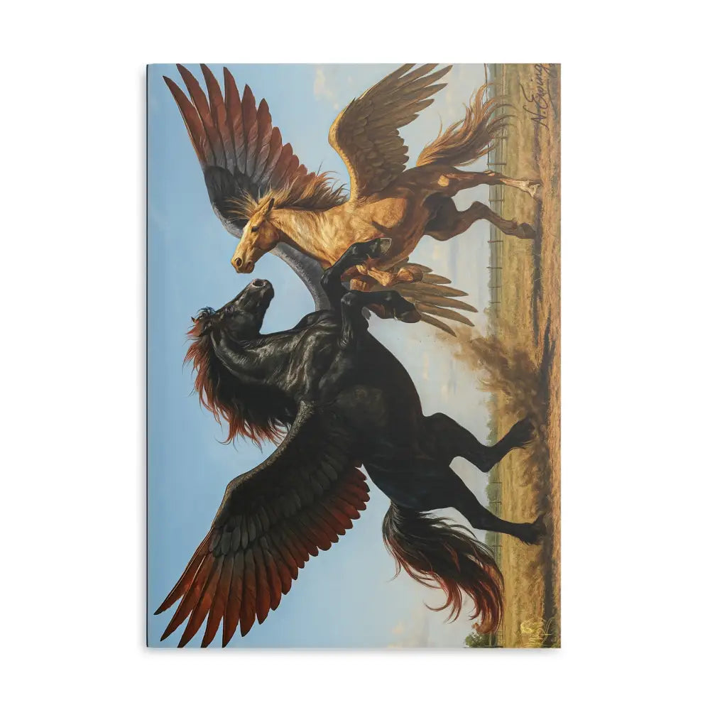 Two winged horses in flight on the Equestrian Hardcover Notebook with Winged Horse Design