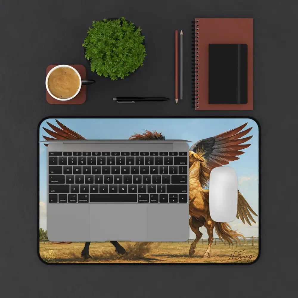 Pegasus-themed desk mat with keyboard and mouse for horse lovers and fantasy enthusiasts