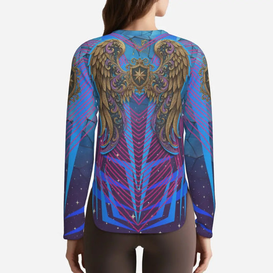 Long-sleeved fantasy Pegasus Sun Shirt with winged crest design and UPF50+ protection