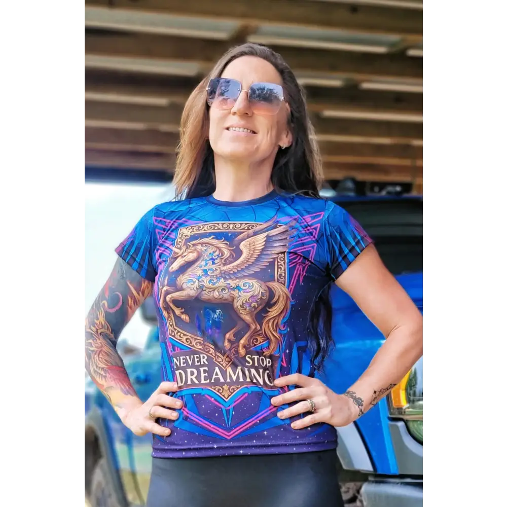Woman’s unicorn graphic t-shirt from Never Stop Dreaming Limited Edition Pegasus Jersey Starborn Apparel