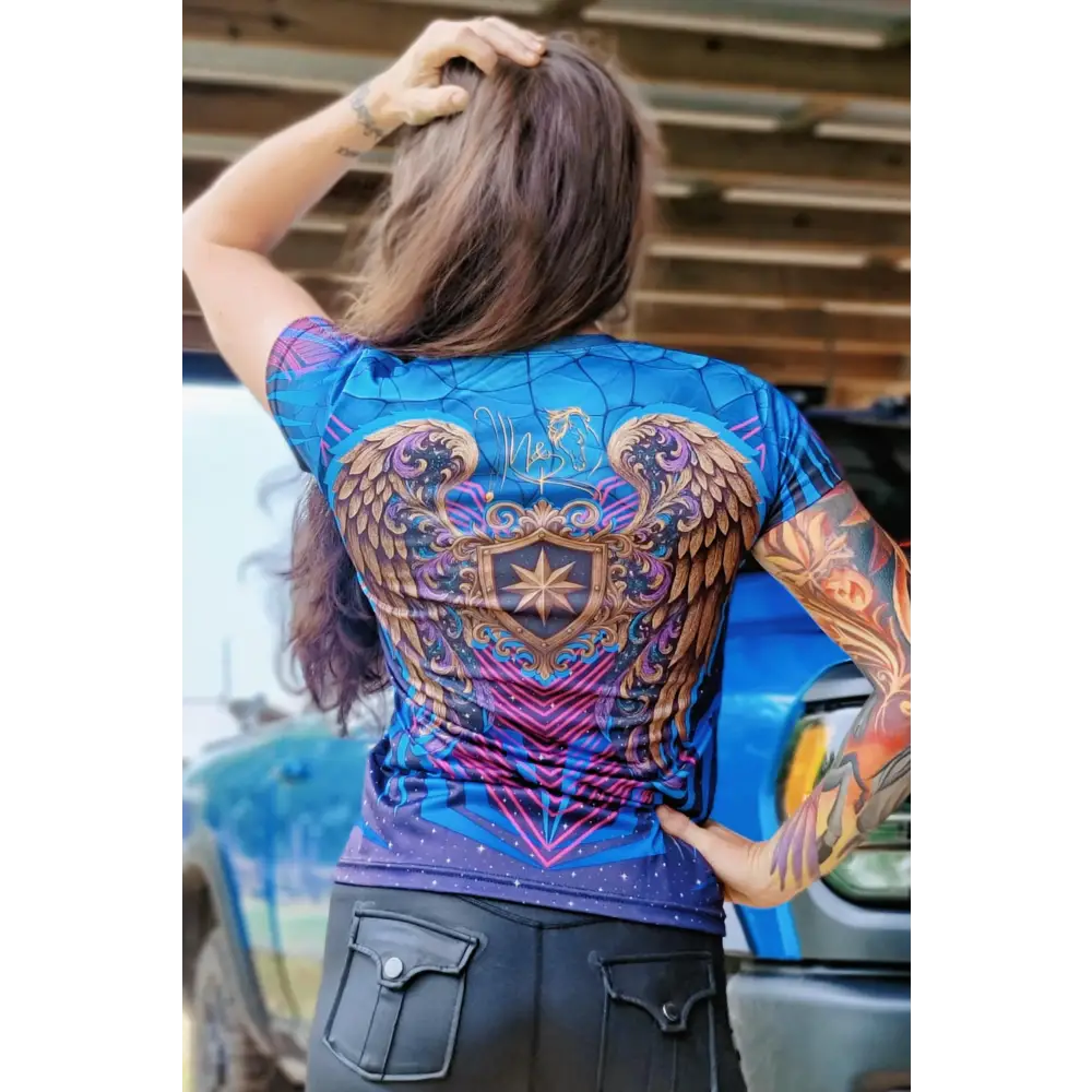 Woman wearing Never Stop Dreaming Limited Edition Pegasus Jersey Starborn Apparel t-shirt
