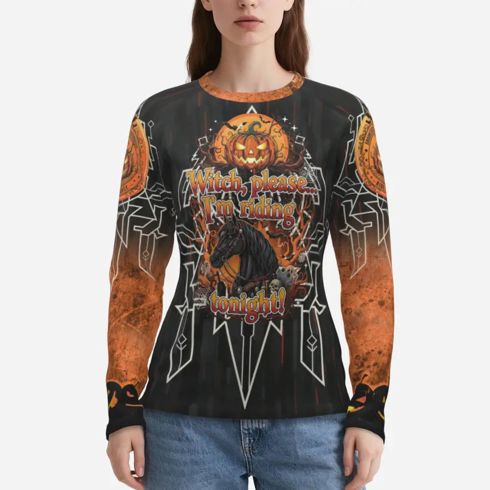 Women’s Halloween-themed long-sleeve shirt with pumpkin horse and Witch please phrase