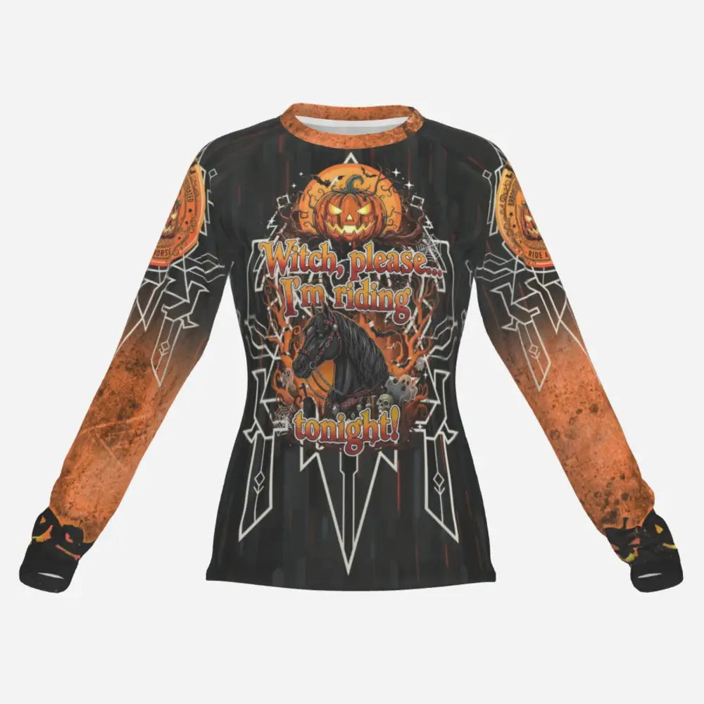 Women’s black long-sleeved Halloween-themed shirt with pumpkin and horse design for Nightmare Ride product