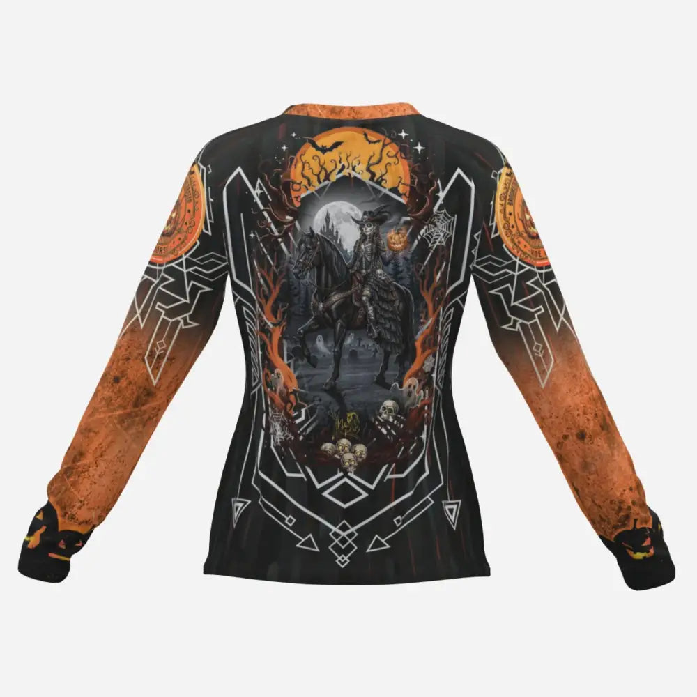 Black long-sleeve Halloween shirt featuring Headless Horseman and pumpkin design