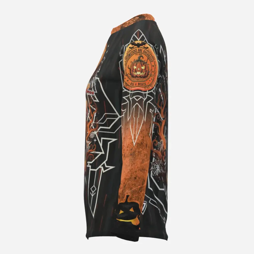 Black long-sleeved Halloween-themed Sun Shirt with orange accents and jack-o-lantern design