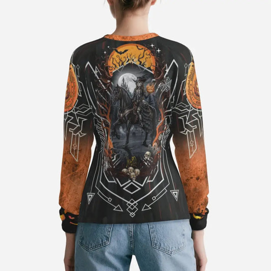 Women’s black and orange Halloween-themed long-sleeved shirt with Headless Horseman design