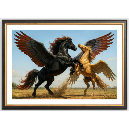 Framed fine art print of two winged horses from Obsidian & Loui Clash of Wings collection