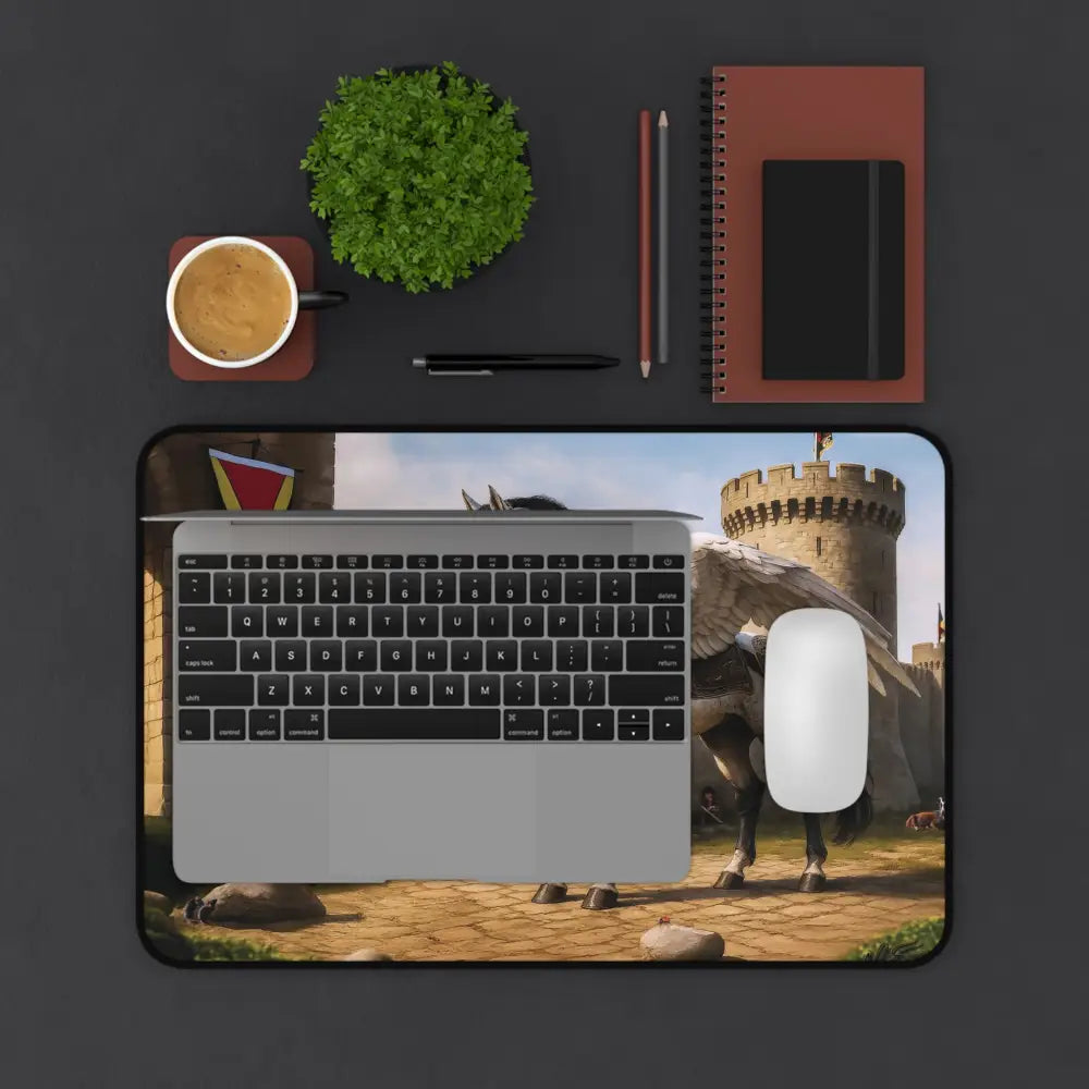Desk setup with Oso Guardian of the Keep Artistic Pegasus Horse Lover Desk Mat and laptop