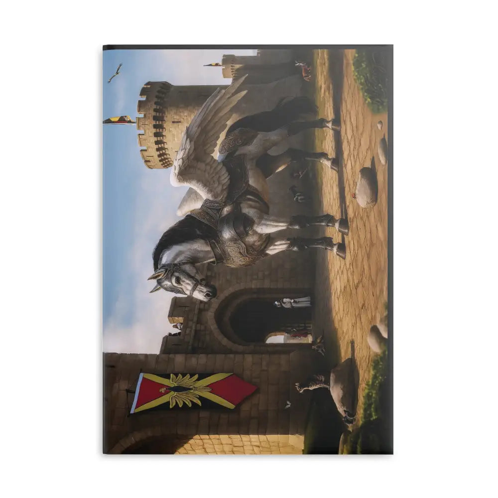 Fantasy-themed hardcover notebook featuring a winged horse design called Oso Guardian of the Keep