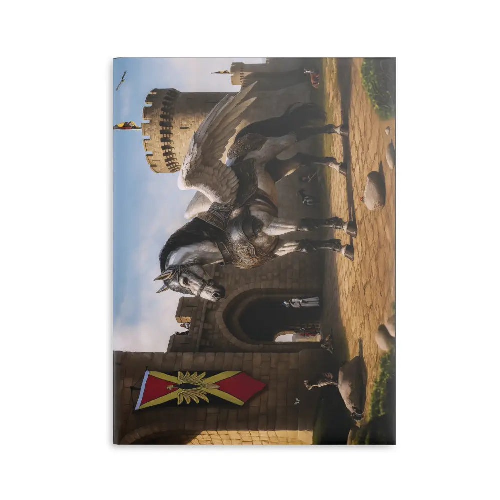 Detailed image of a winged horse in armor on the Oso Guardian of the Keep Equestrian Hardcover Notebook