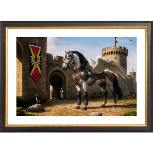 Armored winged horse fine art print framed collectible for Oso Guardian of the Keep
