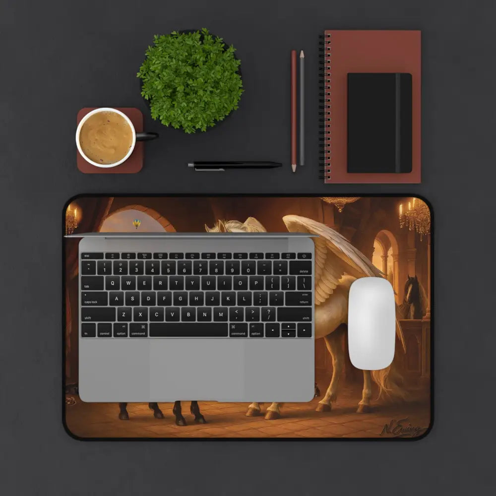Pegasus-themed desk mat with laptop and mouse from Ripley & Obsidian Legacy of the Skies