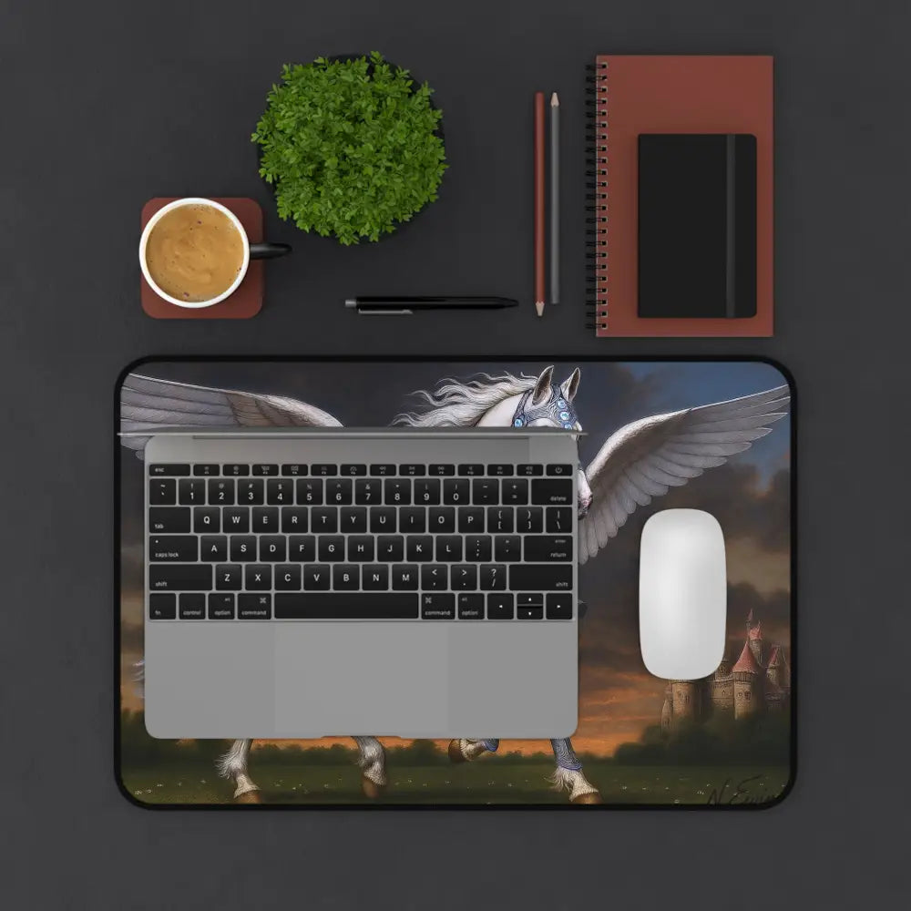 Pegasus-themed desk mat with laptop and mouse featuring Ripley Royal Pegasus Queen design
