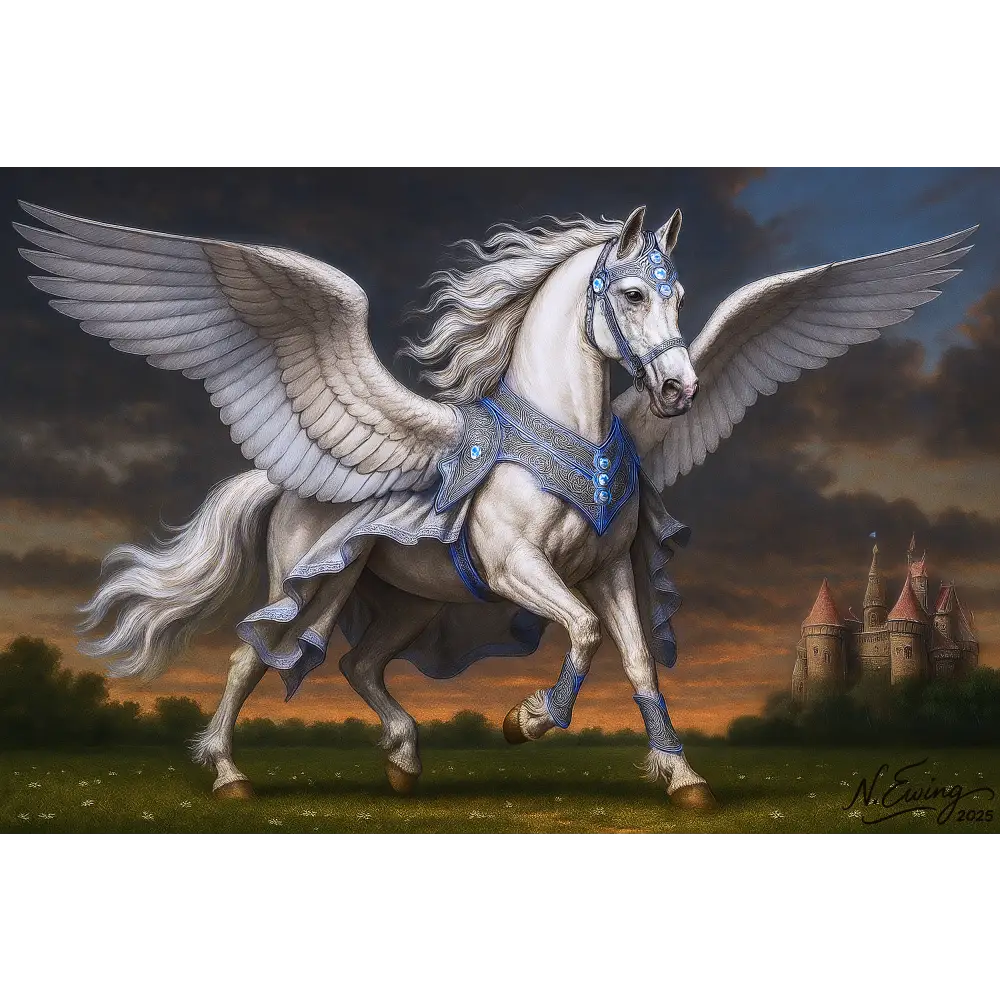 White Pegasus with blue ornamentation from Ripley Royal Pegasus Queen fantasy art poster