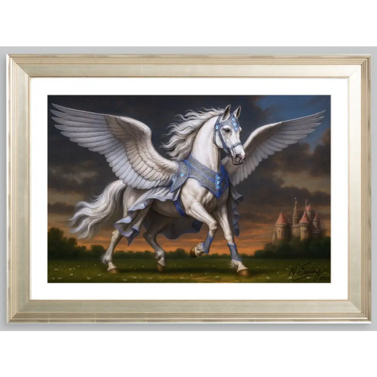 Framed fine art print of a winged white horse titled Ripley - Royal Pegasus Queen