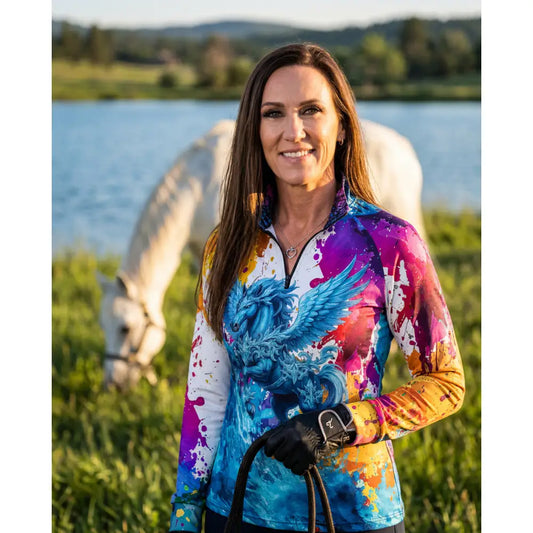 Vibrant riptide radiance long-sleeved equestrian sun shirt with blue phoenix and colorful paint splatter wearable art design