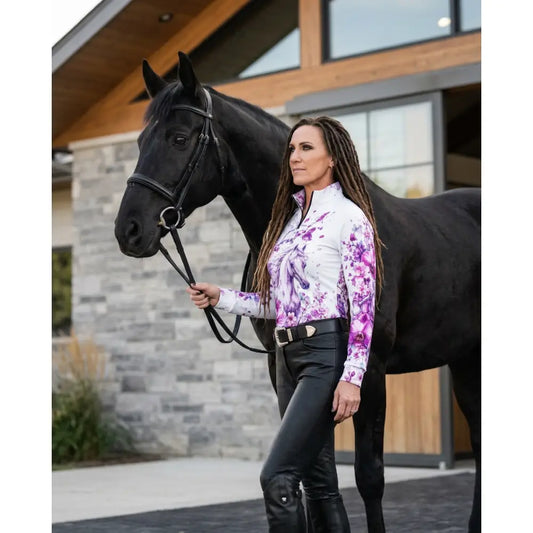 White long-sleeved sakura wildheart equestrian sun shirt by karen reinertson with purple floral and horse print upf50+