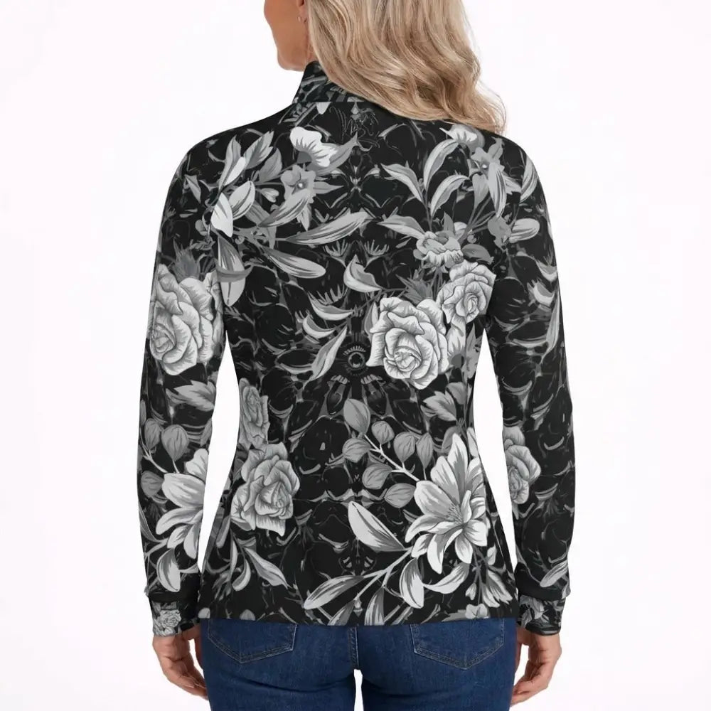 Black long-sleeved shadow bloom equestrian sun shirt with grayscale floral pattern and upf50 plus protection