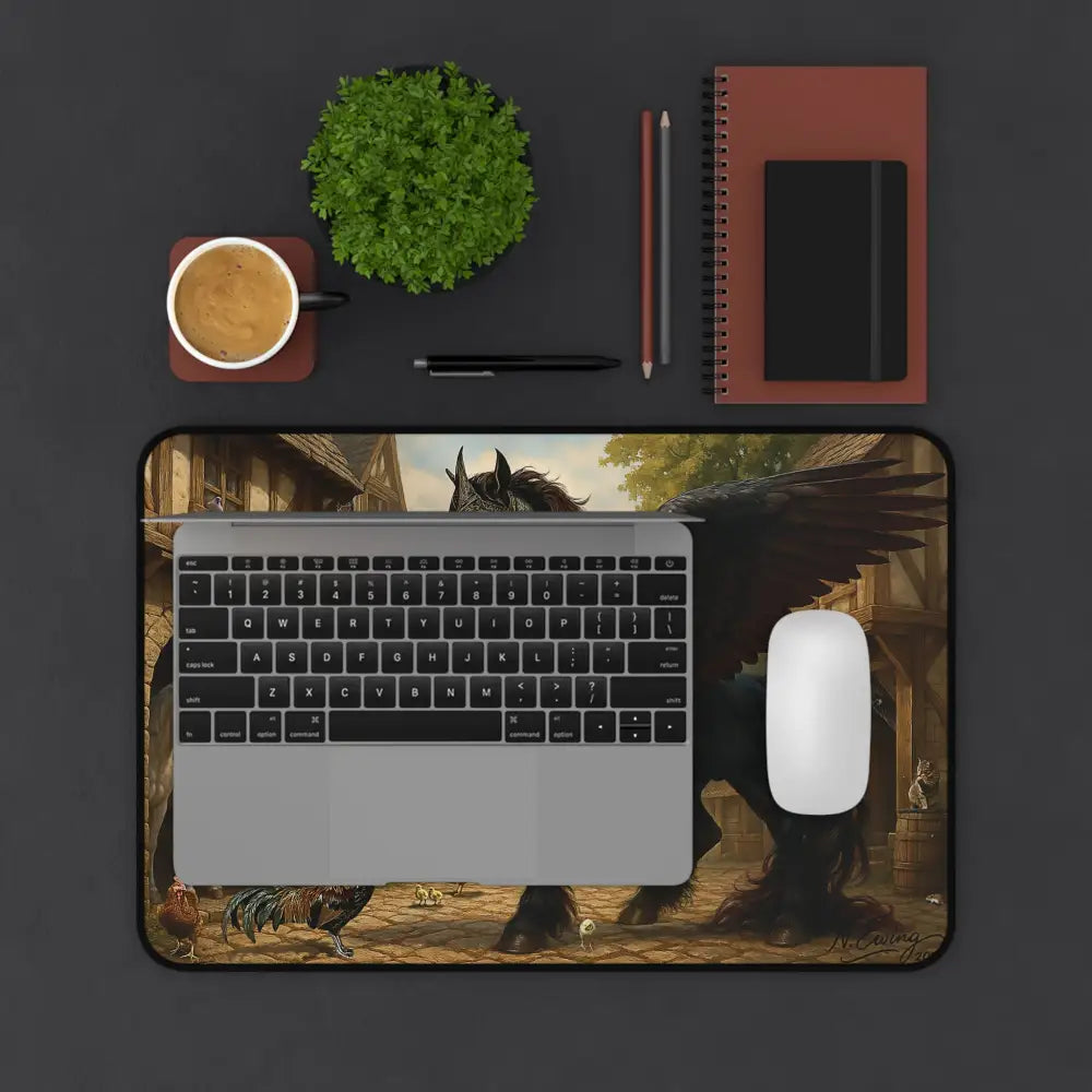 Artistic Pegasus Desk Mat with Laptop and Mouse on stylish desk setup