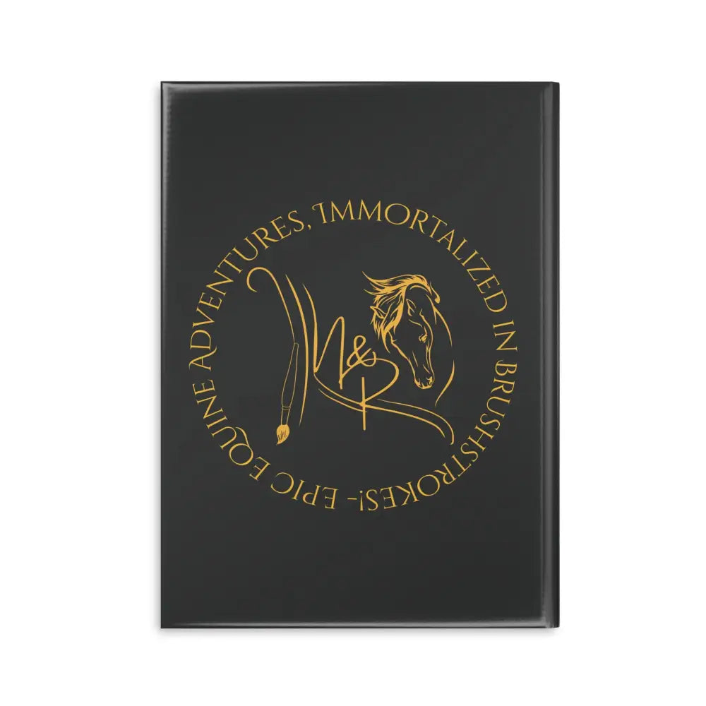 Black hardcover journal with golden horse logo from The Tome the Tude and Tiny Hands notebook