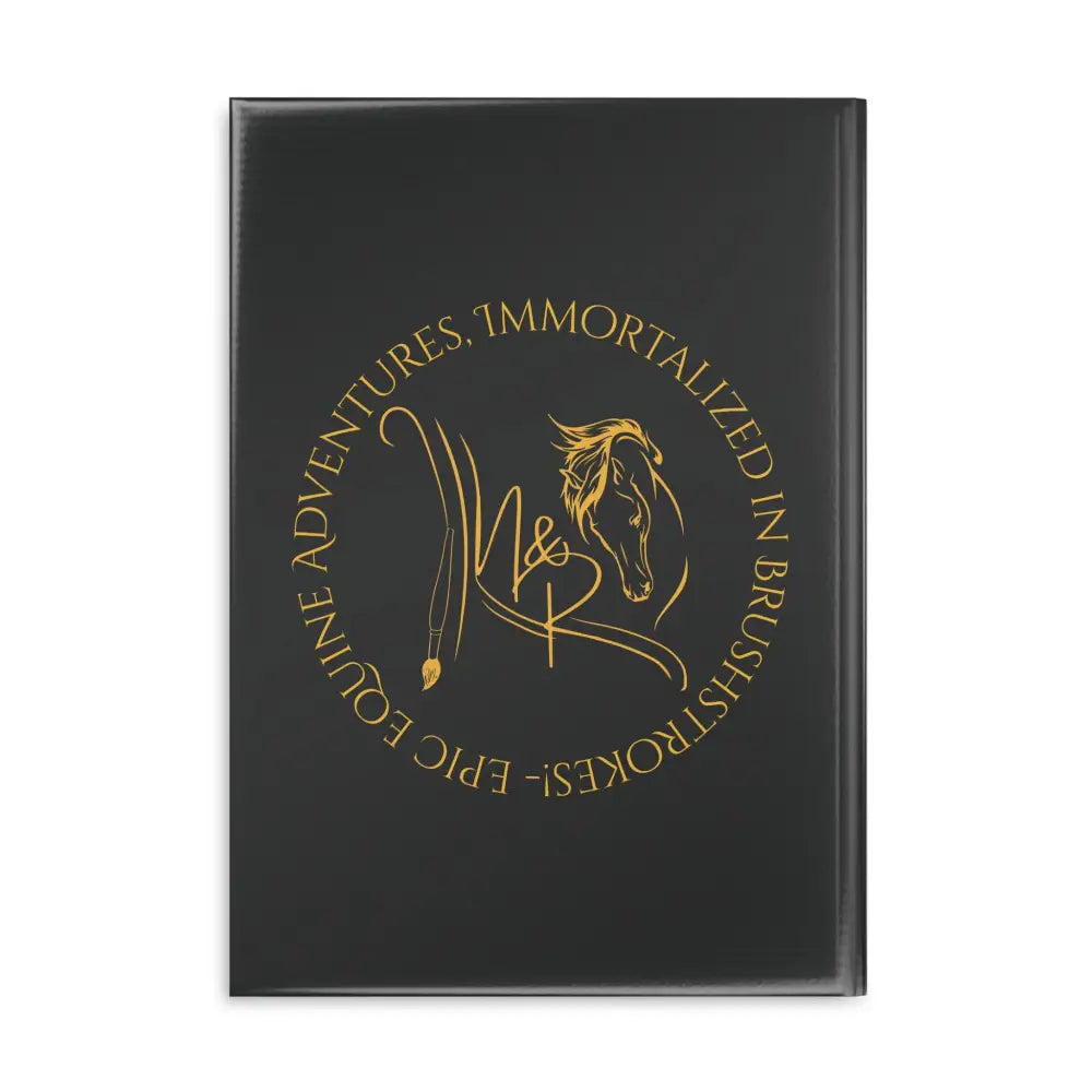 Black hardcover journal with golden equine logo from The Tome the Tude and the Tiny Hands Notebook