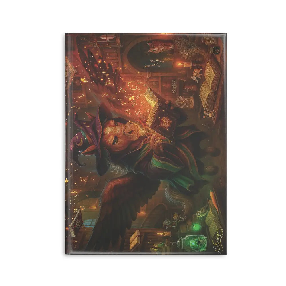 Whimsical wizarding art print on hardcover notebook titled The Tome the Tude and the Tiny Hands