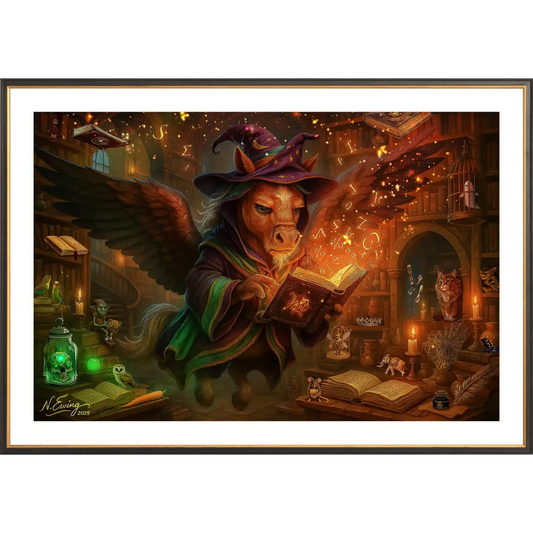 Pegasus wizard reading a spellbook in a framed fine art print collectible
