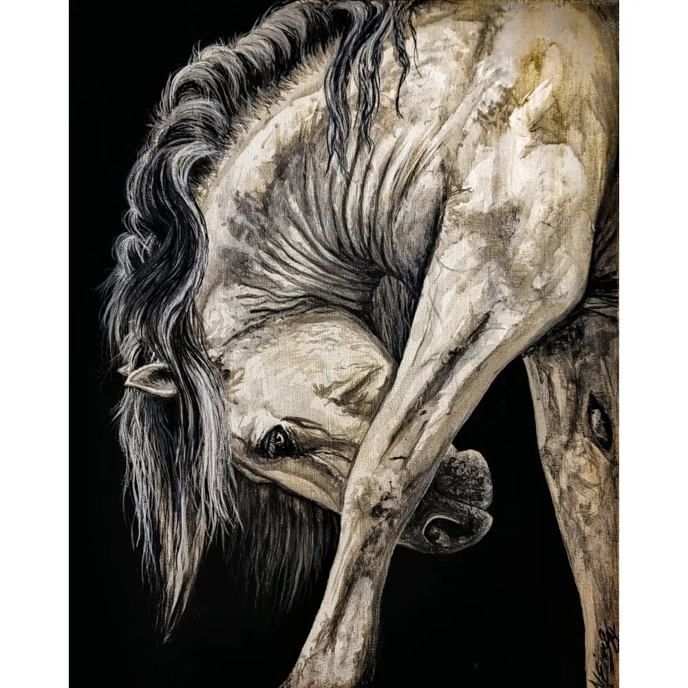Fine art print of untamed grace featuring a white horse with flowing black mane in charcoal and sepia tones