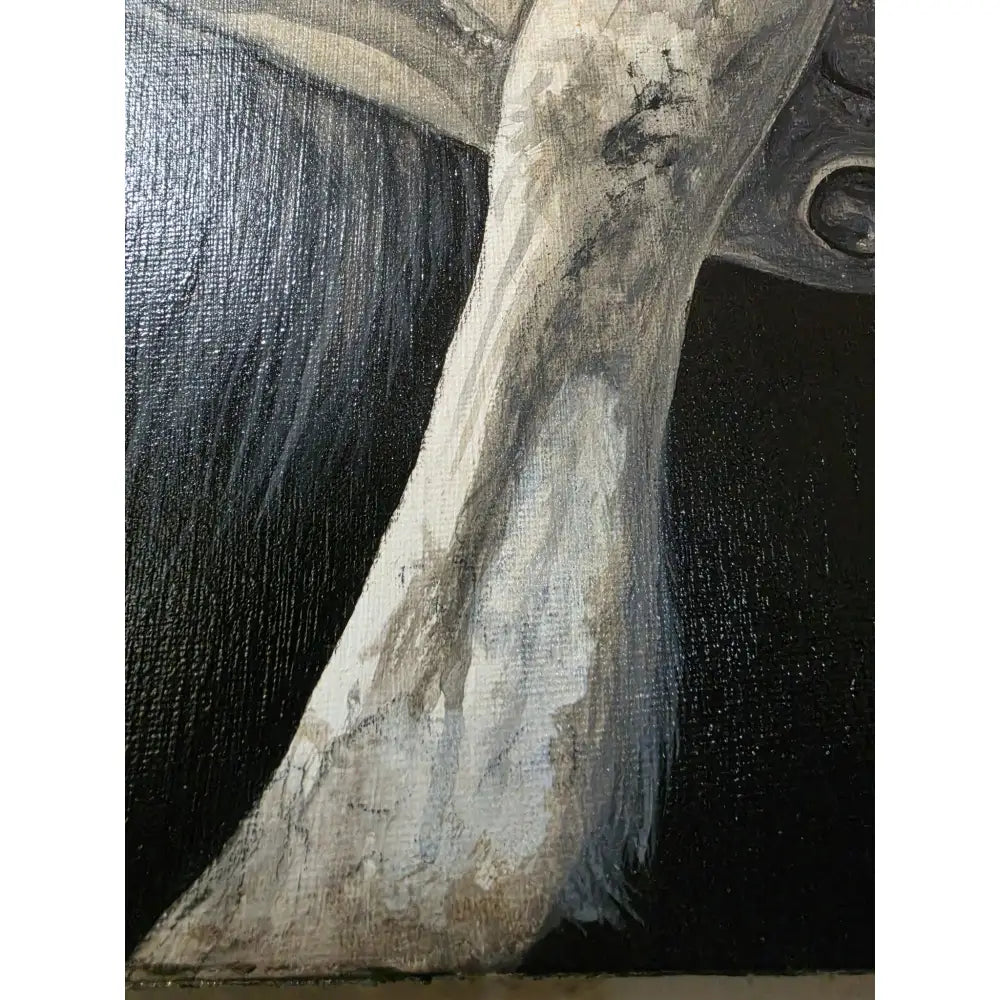 Untamed grace original acrylic painting by Nadine Ewing features a textured monochromatic tree trunk in layered grays